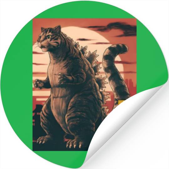 Funny Cute Cat Art Japanese Sunset Retro Catzilla Stickers