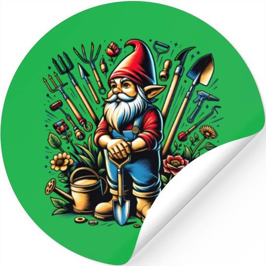 Colorful, lively garden gnome surrounded by tools Stickers