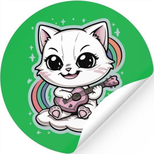 Cute White Cat Playing Guitar on Cloud - Rainbows Stickers