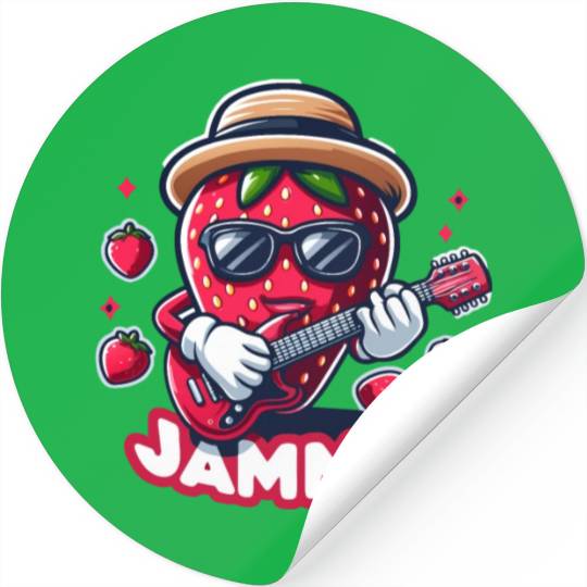 Jammin Strawberry Jam Playing a Guitar Rock n Roll Stickers