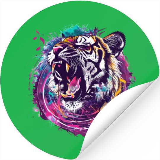 A fierce tiger roaring with musical notes emanatin Stickers
