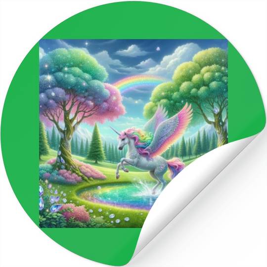 Enchanted Rainbow Unicorn Over Sparkling Pond Stickers