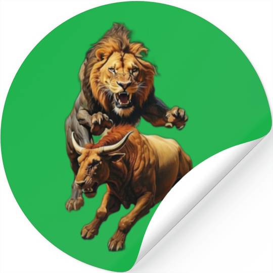 painting of a lion chasing a bull Stickers