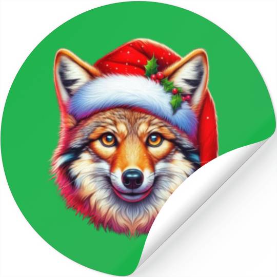 Christmas Coyote Art Red Santa hat Animal Lovers Stickers