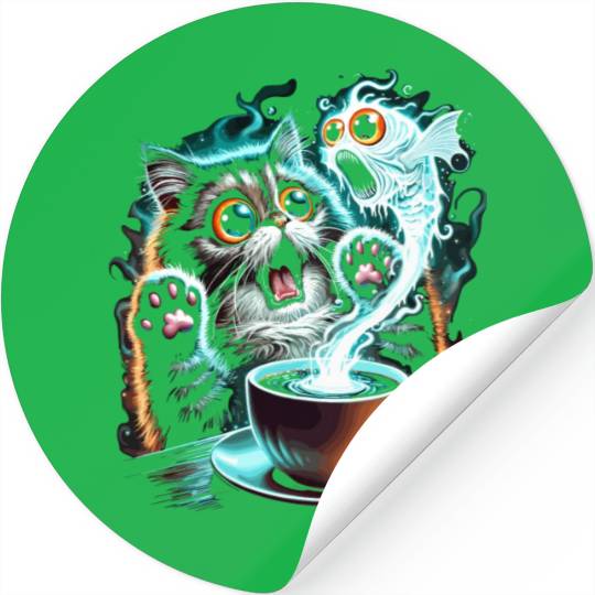 Hilarious Scared Cat and Ghost Fish Design Stickers