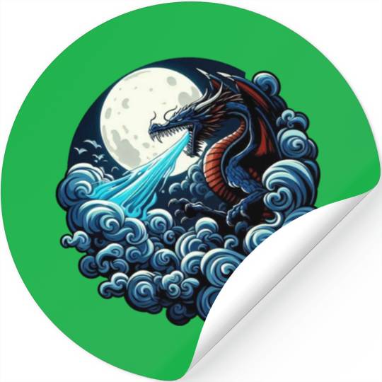 Mystical Dragon Breathing Water Under Moonlight Stickers