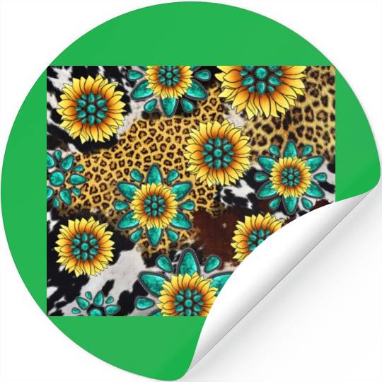 Turquoise Gemstone Sunflowers Leopard Cowhide Stickers