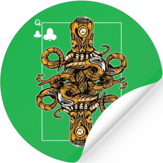 Octopus Steampunk Card Game Queen of Clubs Poker Stickers