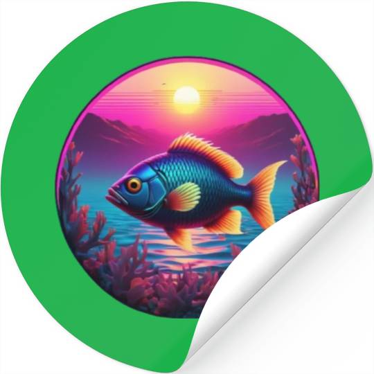 Synthwave Fish and Coral and a Sunset and Ocean Stickers