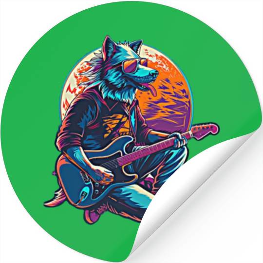 Blue Wolf Moon Guitar Player Retro Sunglasses Stickers