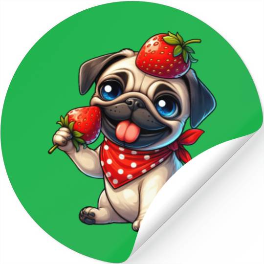 Quirky Dog Pug with Strawberry on Head Fruity Stickers