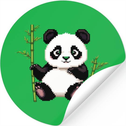 A pixel art of a panda with a bamboo leaf Stickers
