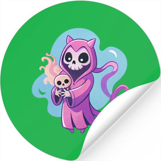 skeletal figure, violet pink robe, lavender puppy Stickers