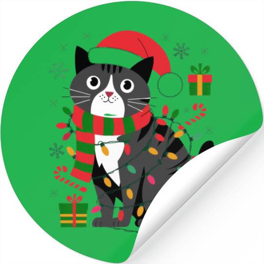 Cute Christmas Cat Design - Festive Lights Stickers