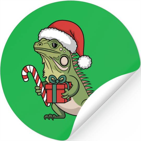 Christmas Iguana Present Candy Cane Santa Hat Stickers