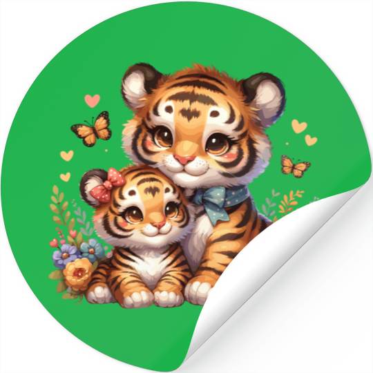 Adorable Tiger Cubs Surrounded by Butterflies and Stickers