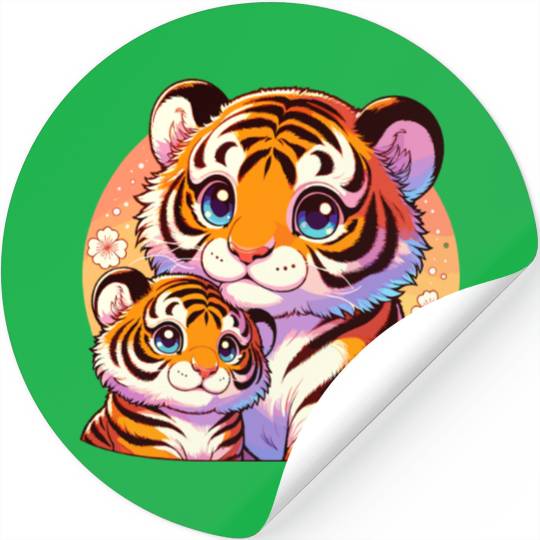 Cute Tiger Mom and Cub Illustration with Flowers Stickers
