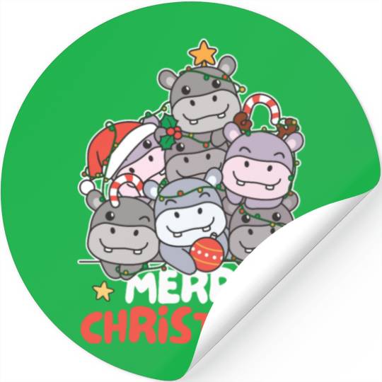 Hippo Christmas Tree Merry Christmas Stickers