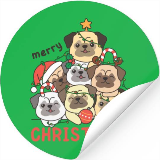Pug Christmas Tree Merry Christmas Stickers