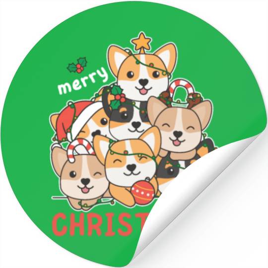 Corgi Christmas Tree Merry Christmas Stickers