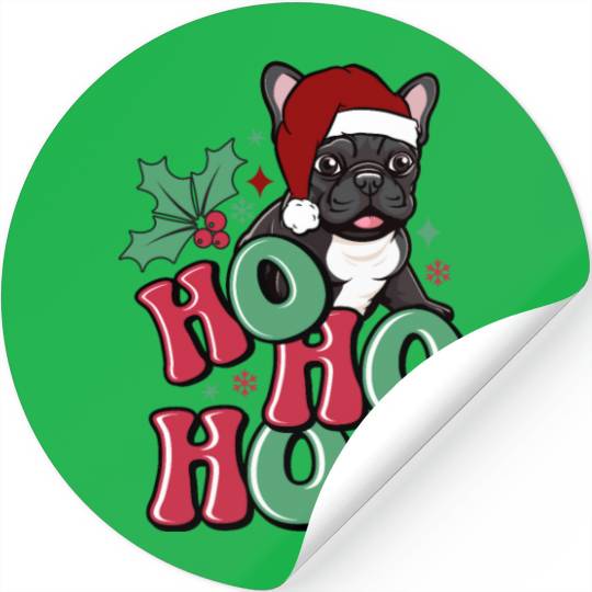 HO HO HO French Bulldog Holly Leaf Funny Stickers