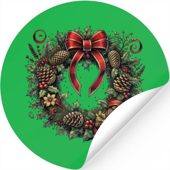 Rustic Christmas Wreath with Holly and Pine Cones Stickers