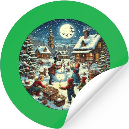 Vintage Christmas Card with Snowman and Children Stickers