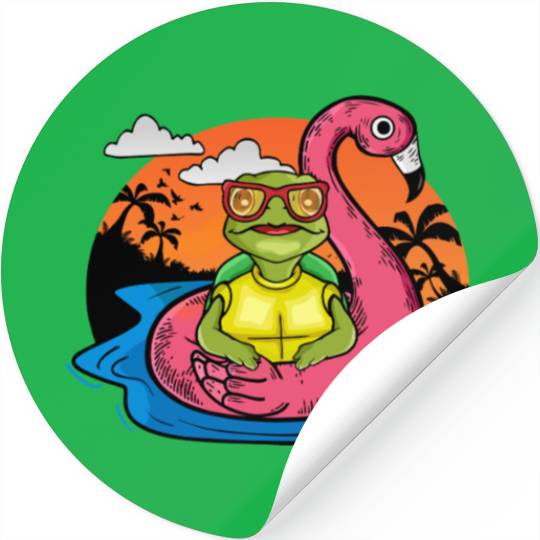Funny Sea Turtle Swimming Flamingo Pool Sea Turtle Stickers
