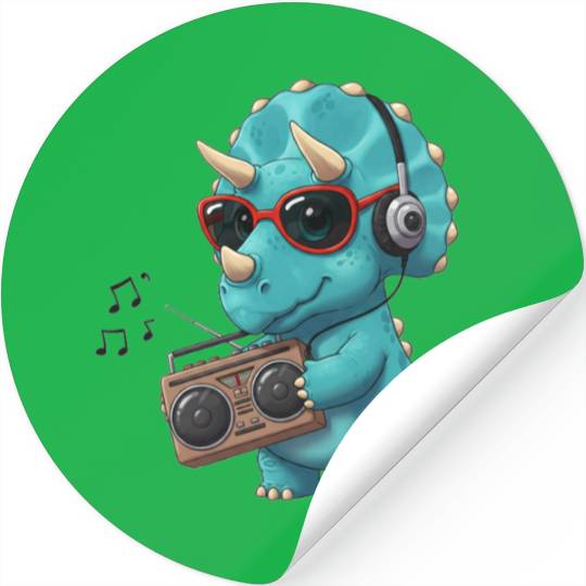 Dino cartoon triceratops listening to music Stickers