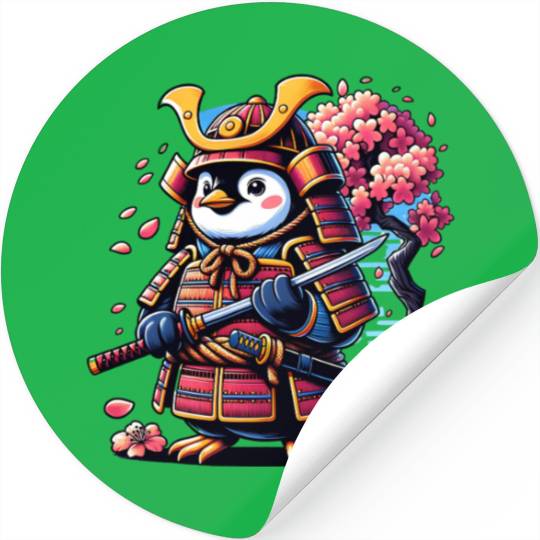 Penguin Samurai with Cherry Blossoms Stickers