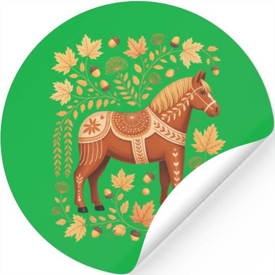 Golden Autumn Dala Horse with Leaves Stickers