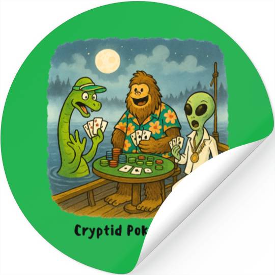 Bigfoot, Nessie and an Alien Play Poker - Cryptid Stickers