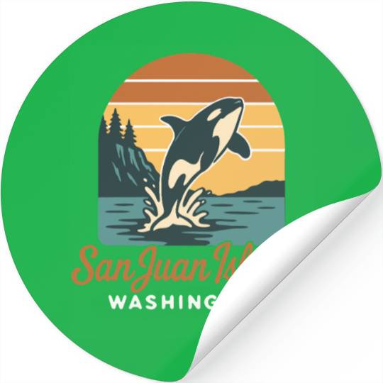 San Juan Island Washington Orca Whale Retro Sunset Stickers
