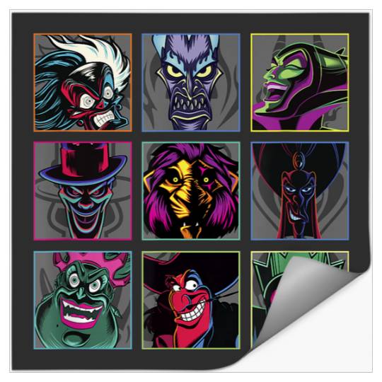 Disney Villains Colorful Neon Big Face Group Shot Panels Stickers