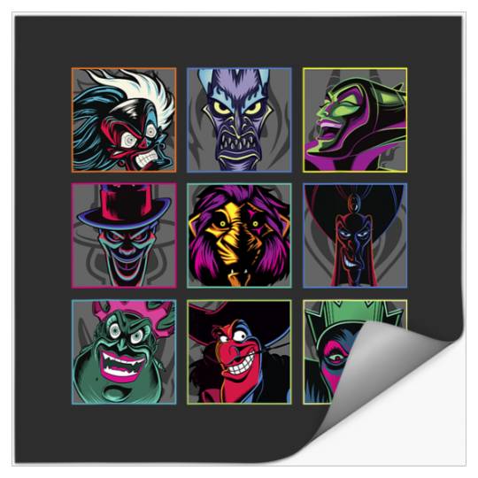 Disney Villains Colorful Neon Big Face Group Shot Panels Stickers