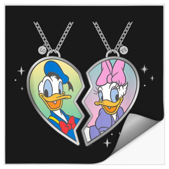 Disneyss Donald And Daisy Duck Love Heart Necklace Matching Stickers