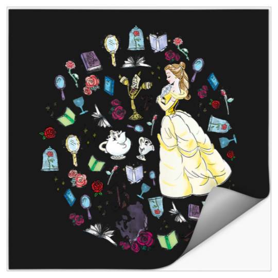 Disneyss Beauty And The Beast Iconic Items Collage Text Logo Stickers
