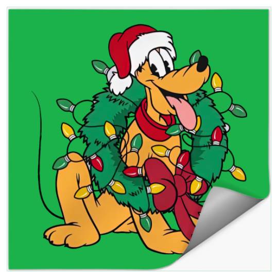 Pluto Wear Santa Hat Hug Christmas Wreath Stickers, Very Merry Xmas Party Disney Trip Stickers