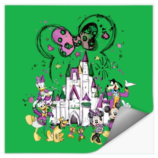 Disney Mardi Gras Watercolor Stickers, Disney Castle Mardi Gras, Mickey and Friends Mardi Gras Stickers